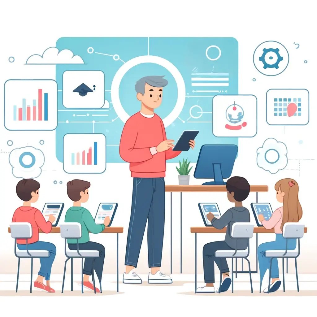 DALL·E 2024-05-26 14.06.45 - A flat style cartoonish illustration of a modern classroom with a white background where teachers are using AI technology to help students. The scene 