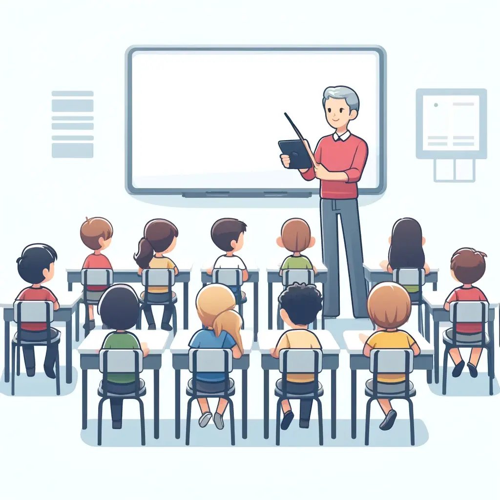 DALL·E 2024-05-29 12.30.10 - A simple flat style cartoonish illustration of a teacher in a classroom using a tablet to teach students. The scene includes the teacher standing at t