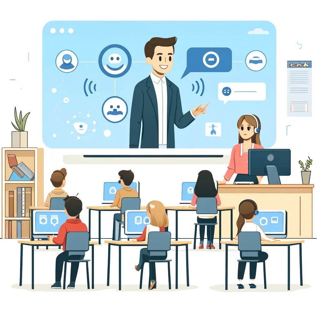 DALL·E 2024-05-29 16.36.59 - A simple flat style cartoonish illustration of a teacher in a classroom using a computer with virtual assistants helping students. The scene includes 