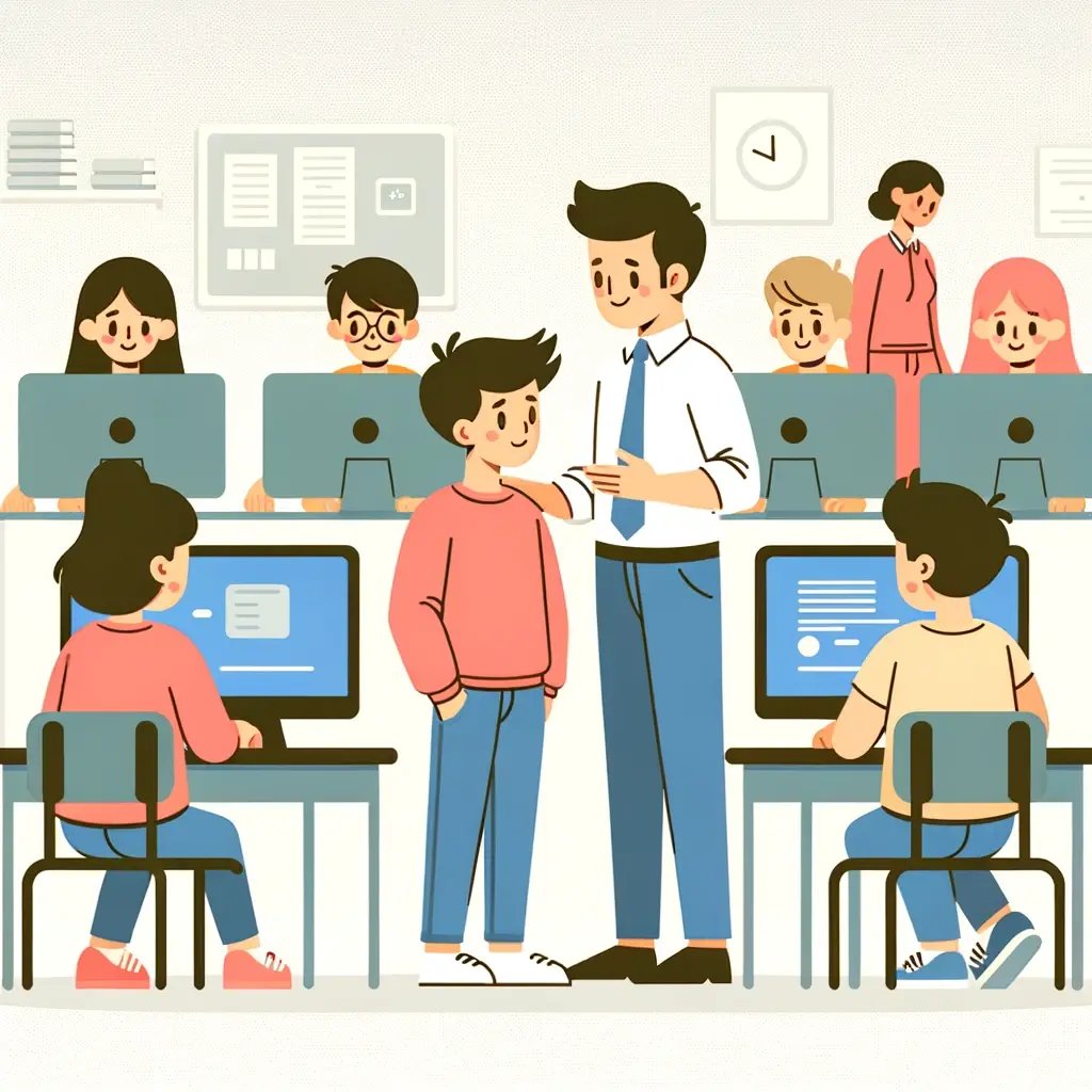 DALL·E 2024-05-29 16.38.01 - A simple flat style cartoonish illustration of a teacher in a classroom interacting with one student while the rest of the students use computers. The