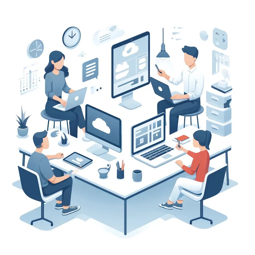 DALL·E 2024-05-29 18.31.12 - A very simple flat style cartoonish illustration of a modern workspace showcasing team collaboration. The scene includes two team members working toge