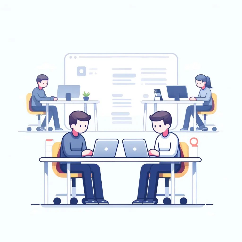 DALL·E 2024-05-29 18.33.56 - A very simple flat style cartoonish illustration of a modern workspace showcasing team collaboration. The scene includes two team members working toge